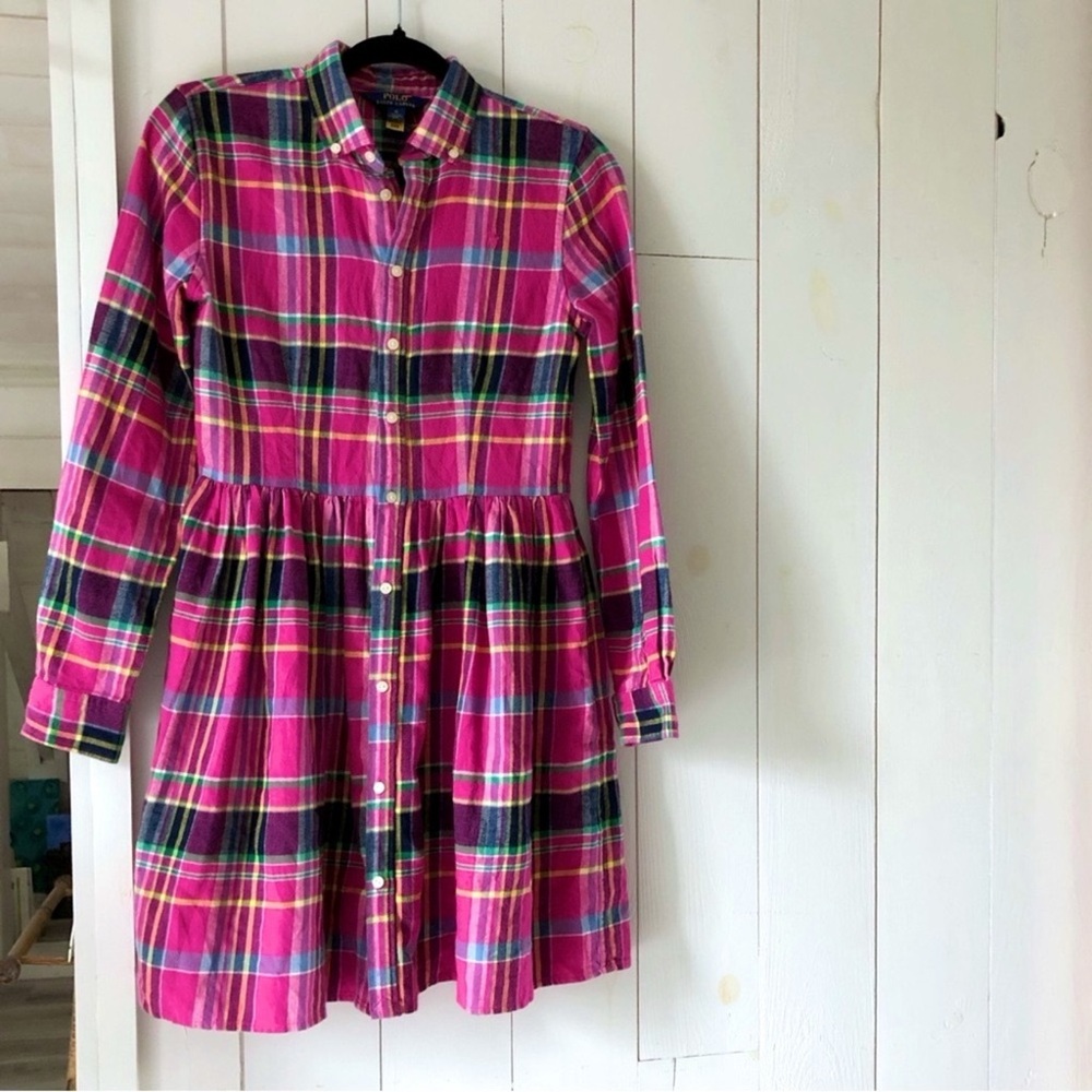 Polo Ralph Lauren Preppy Pink Plaid Button-Up Cotton Dress Girl’s Size 16 - Picture 7 of 13